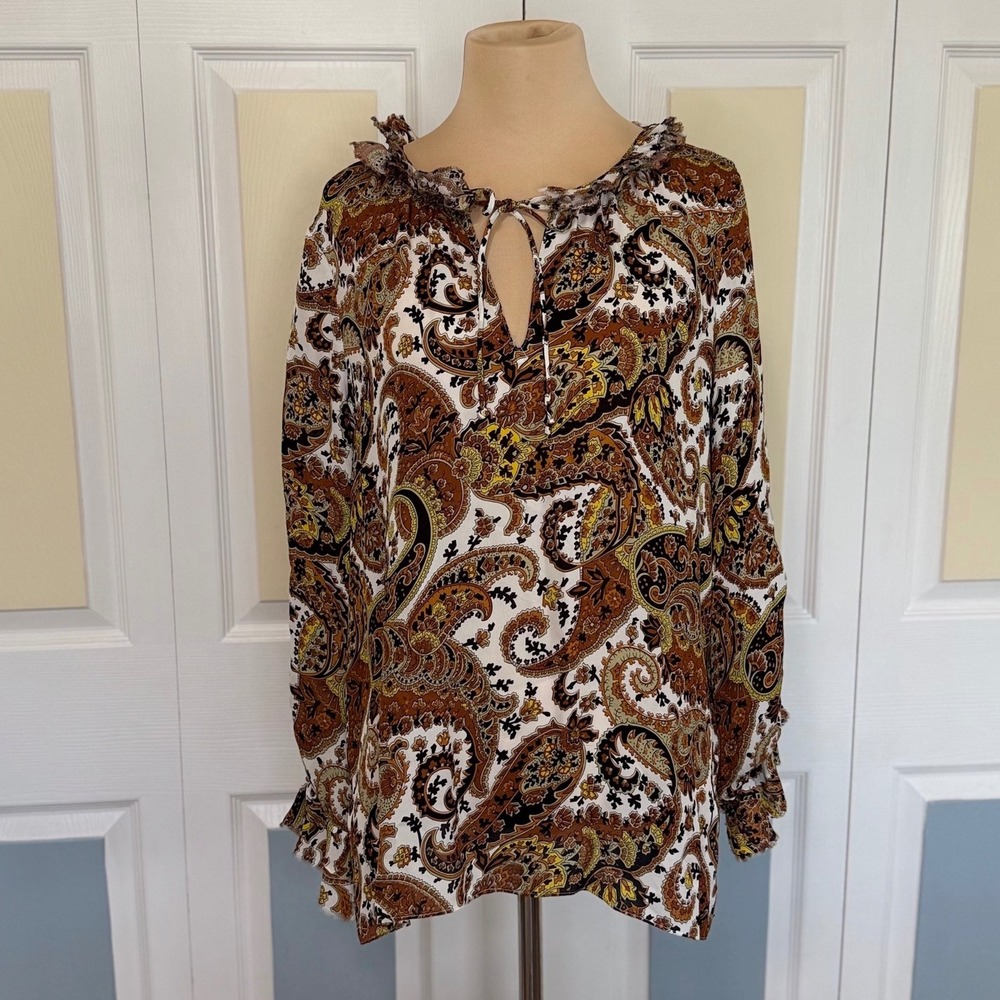 Kobi Halperin Womens Silk Paisley Ruffle Tie Neck Blouse Brown KS9B44-18 Medium